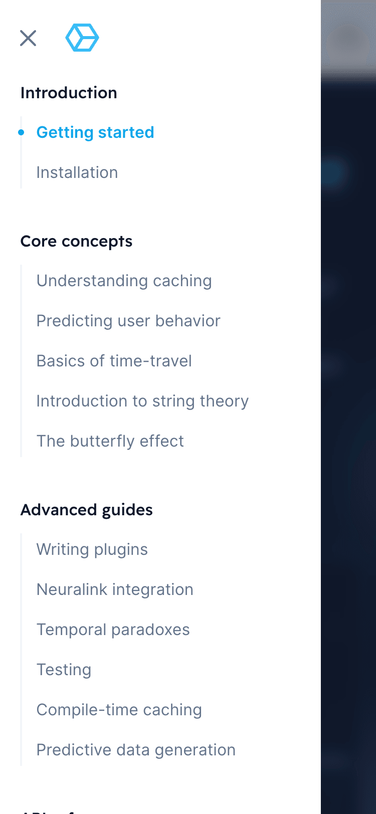 Mobile screenshot of the Syntax Tailwind UI template main navigation. The navigation overlay extends from the left side of the screen and covers the site content. There is a close button and logo at the top of the overlay. The site pages listed top to bottom and are grouped into categories with headings.